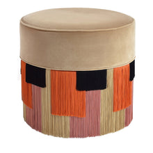 Load image into Gallery viewer, CYLINDER WOOD POUF WITH GEOMETRIC FRINGE