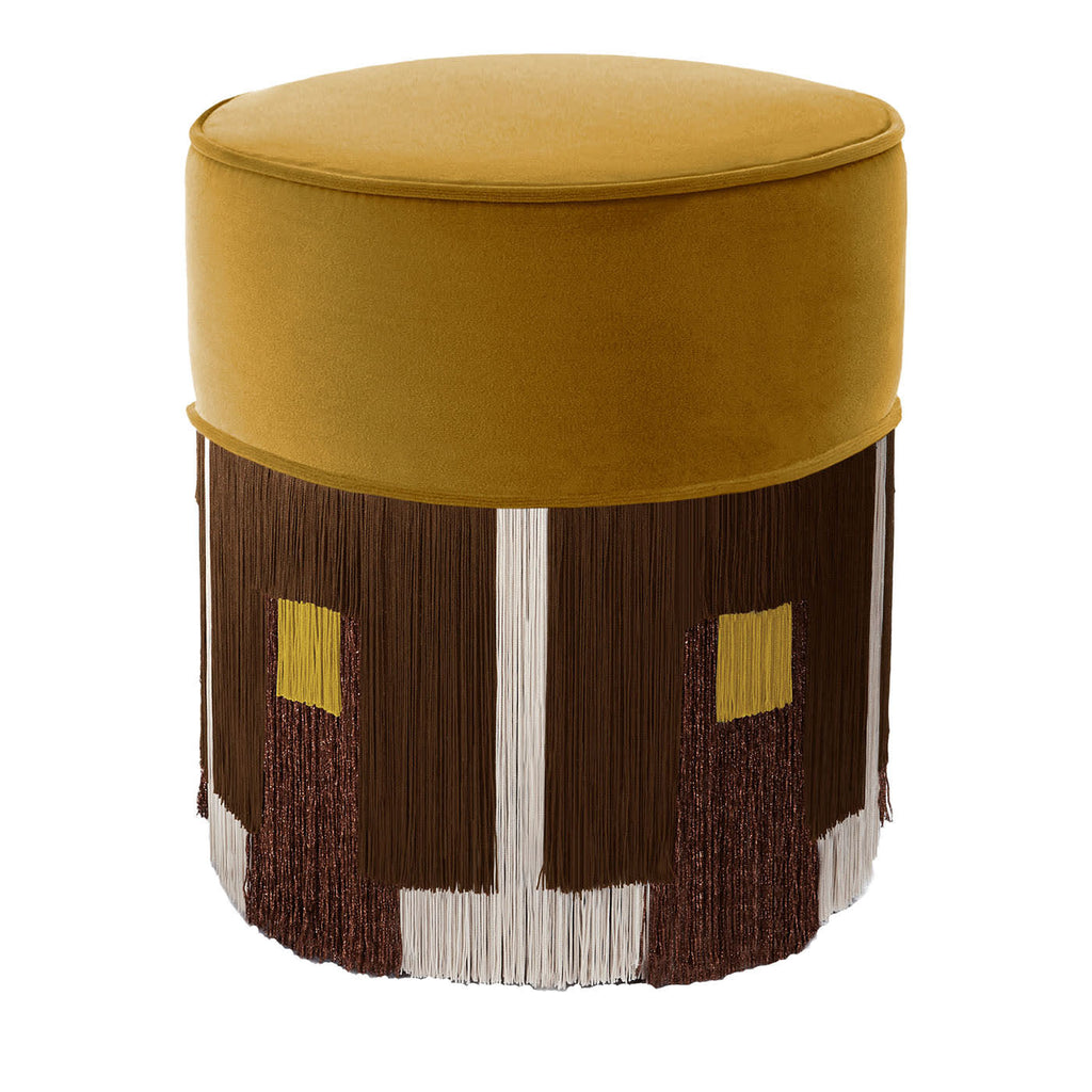 CYLINDER WOOD POUF WITH GEOMETRIC FRINGE