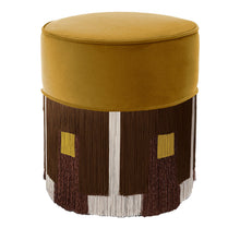 Load image into Gallery viewer, CYLINDER WOOD POUF WITH GEOMETRIC FRINGE