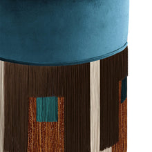 Load image into Gallery viewer, CYLINDER WOOD POUF WITH GEOMETRIC FRINGE