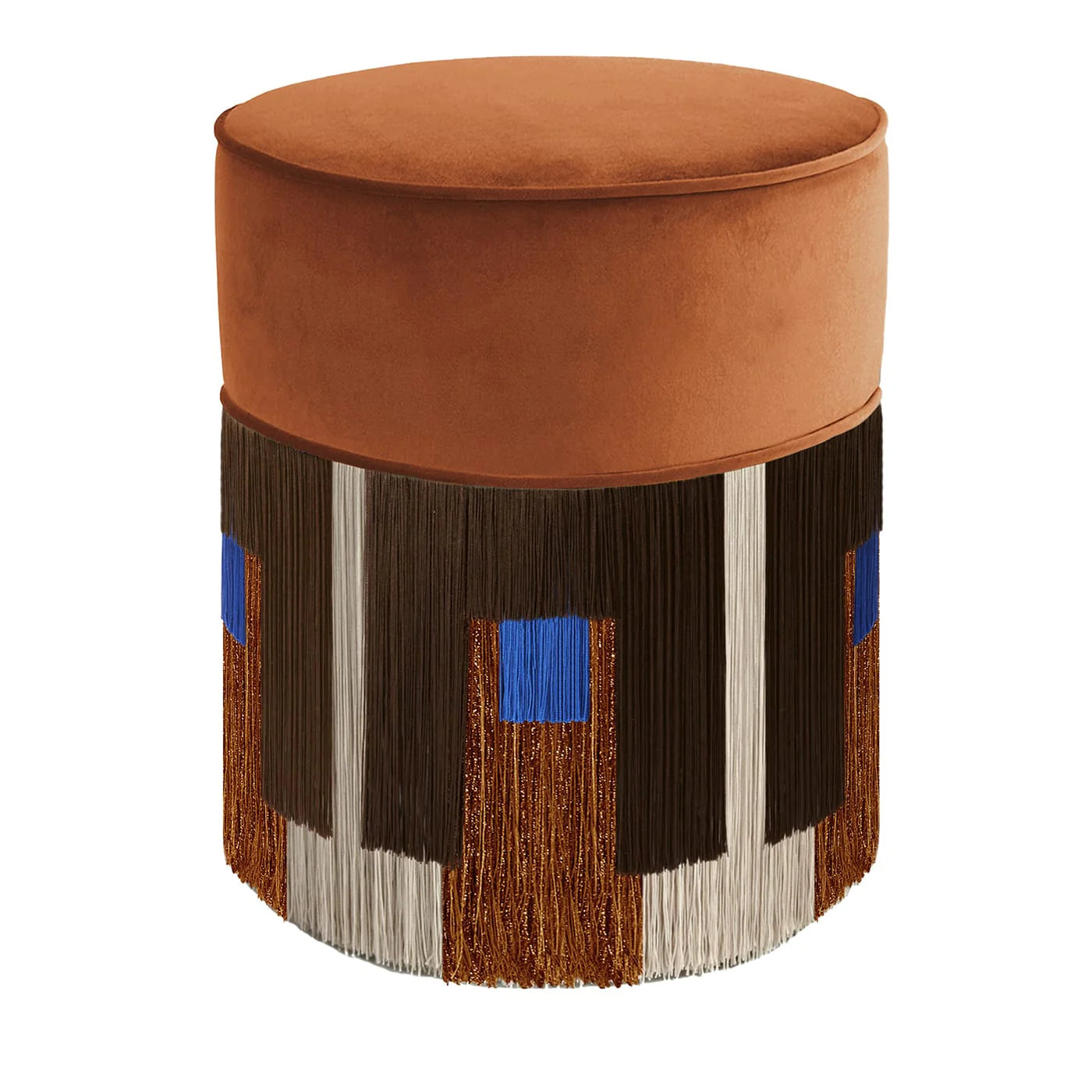 CYLINDER WOOD POUF WITH GEOMETRIC FRINGE