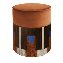 Load image into Gallery viewer, CYLINDER WOOD POUF WITH GEOMETRIC FRINGE