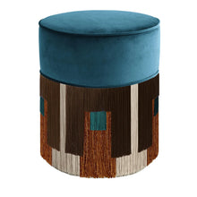 Load image into Gallery viewer, CYLINDER WOOD POUF WITH GEOMETRIC FRINGE